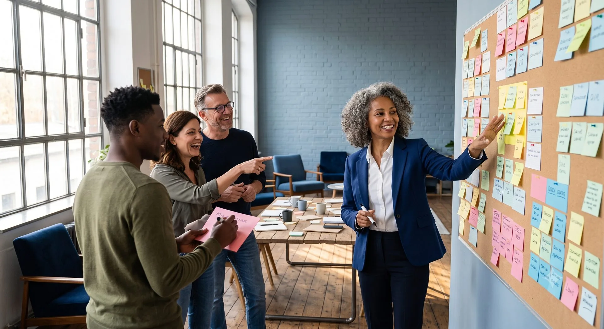 Team in einer Arbeitssession am Board, warmes Loft-Licht, KI-Transformation im Mittelstand